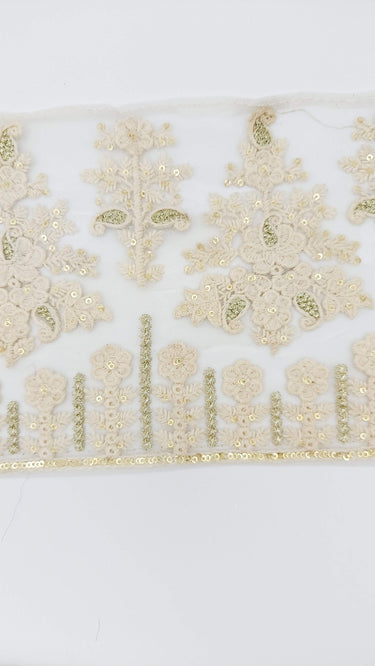 9 Yards Off White Net Lace Trim Floral Embroidery and Gold Sequins, Floral Sari Border, Decorative Trim